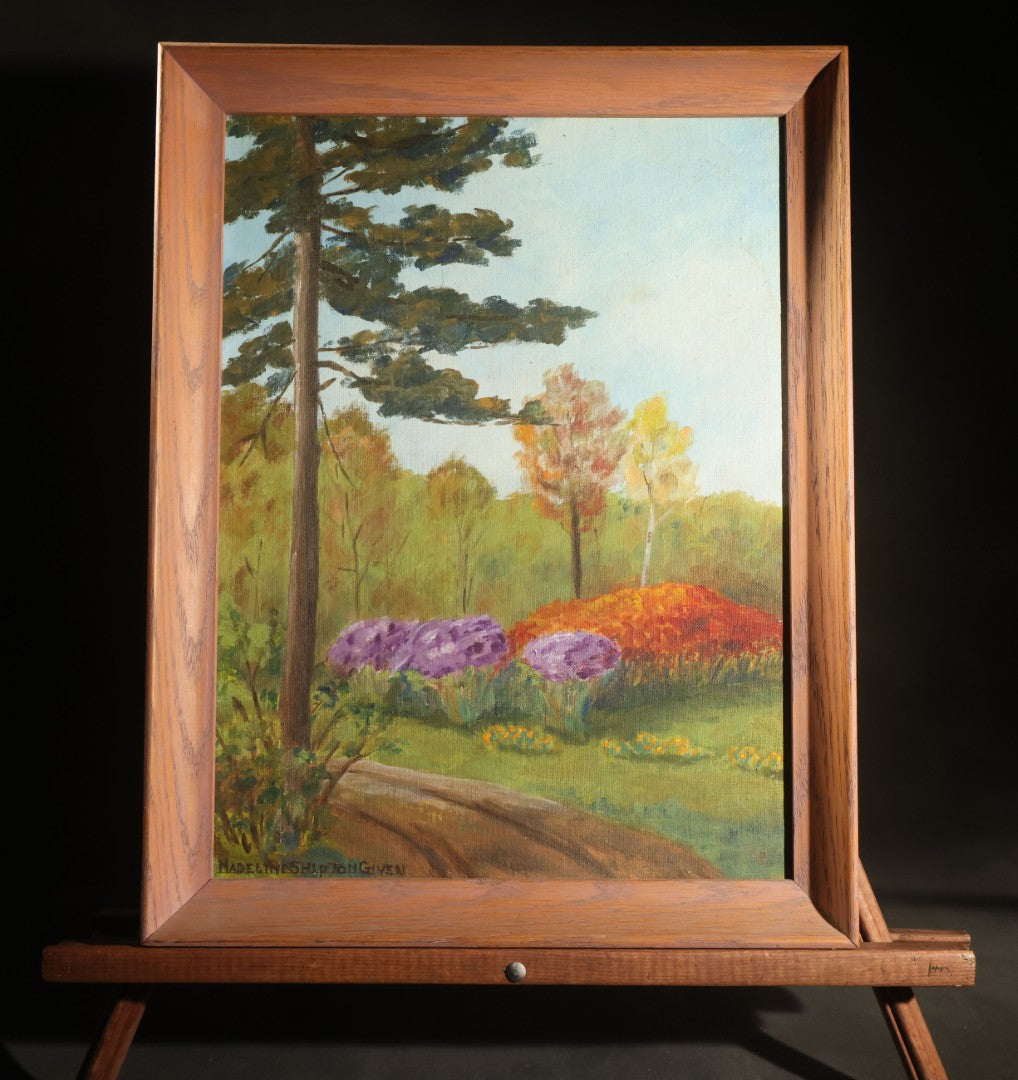 Vintage Oil Painting on Canvas Panel, "Michaelmas Daisies and Sumac," Signed Madeline Shipton Given (Madeline W. Shipton, 1899-1973), Painted November 1962, Shirley Center, Massachusetts, in Wood Frame