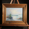 Lot 130 - Vintage Decorator Oil Painting on Canvas Panel, Coastal Landscape with Lighthouse and Sea Grass, Indistinctly Signed, in Rope-Twist Wood Frame, 13-7/8" W x 11-7/8" H