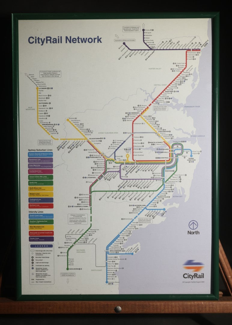 Modern Framed Cityrail Network Transit Map, Sydney, Australia, Copyright August 2000, in Green Metal Frame