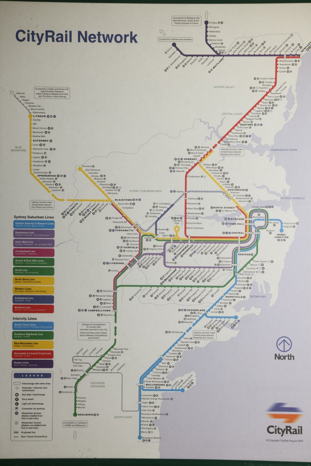 Modern Framed Cityrail Network Transit Map, Sydney, Australia, Copyright August 2000, in Green Metal Frame