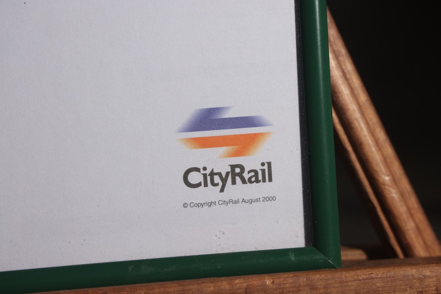 Modern Framed Cityrail Network Transit Map, Sydney, Australia, Copyright August 2000, in Green Metal Frame