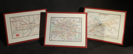 Trio of Modern Framed Transit Maps Including London Underground, Paris MéTro with R.E.R. Lines, and Stuttgart Verbund-Schnellbahnnetz, in Red Metal Frames