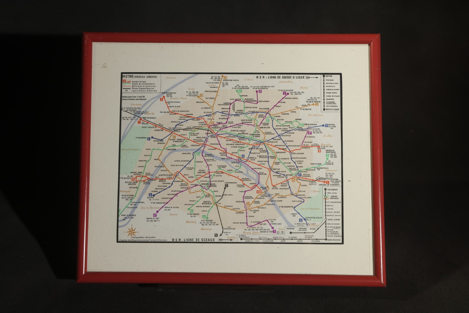 Trio of Modern Framed Transit Maps Including London Underground, Paris MéTro with R.E.R. Lines, and Stuttgart Verbund-Schnellbahnnetz, in Red Metal Frames