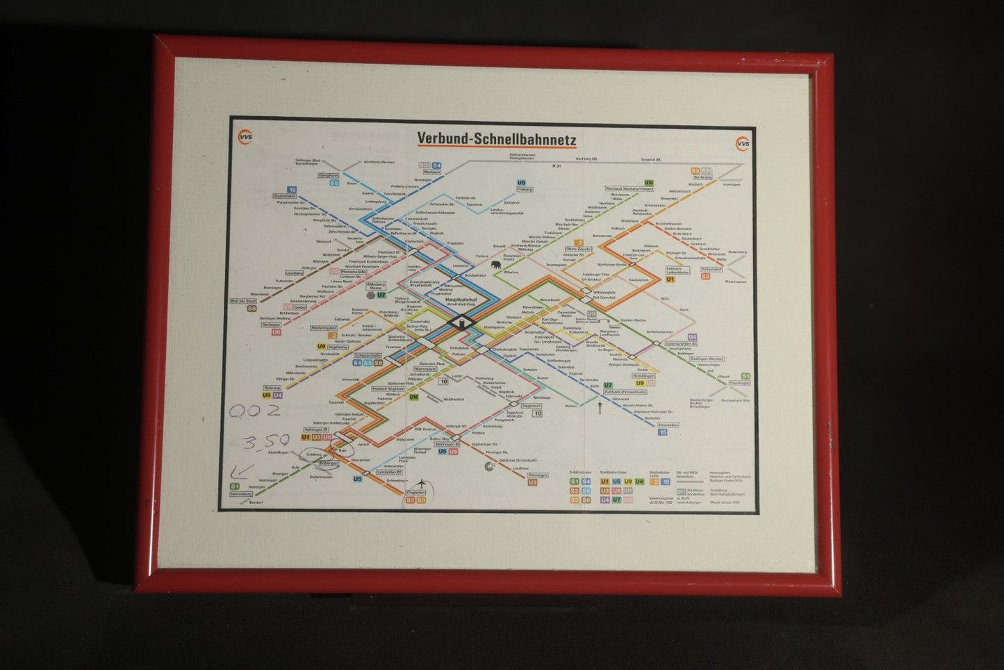 Trio of Modern Framed Transit Maps Including London Underground, Paris MéTro with R.E.R. Lines, and Stuttgart Verbund-Schnellbahnnetz, in Red Metal Frames