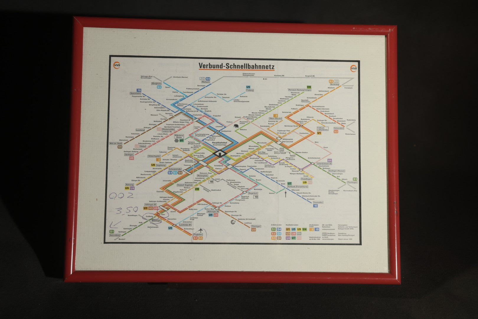 Trio of Modern Framed Transit Maps Including London Underground, Paris MéTro with R.E.R. Lines, and Stuttgart Verbund-Schnellbahnnetz, in Red Metal Frames