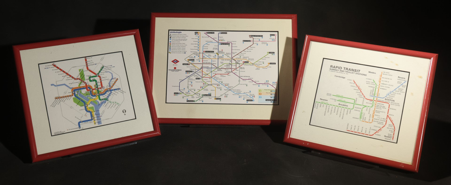 Trio of Modern Framed Transit Maps Including Madrid Metro April 2001 (No Glass), Boston Rapid Transit Subway and Trolley Stations, and Washington Metropolitan Area Transit Authority, in Red Metal Frames