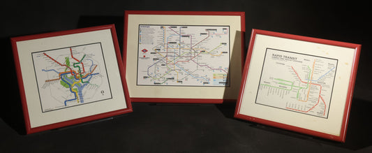 Trio of Modern Framed Transit Maps Including Madrid Metro April 2001 (No Glass), Boston Rapid Transit Subway and Trolley Stations, and Washington Metropolitan Area Transit Authority, in Red Metal Frames