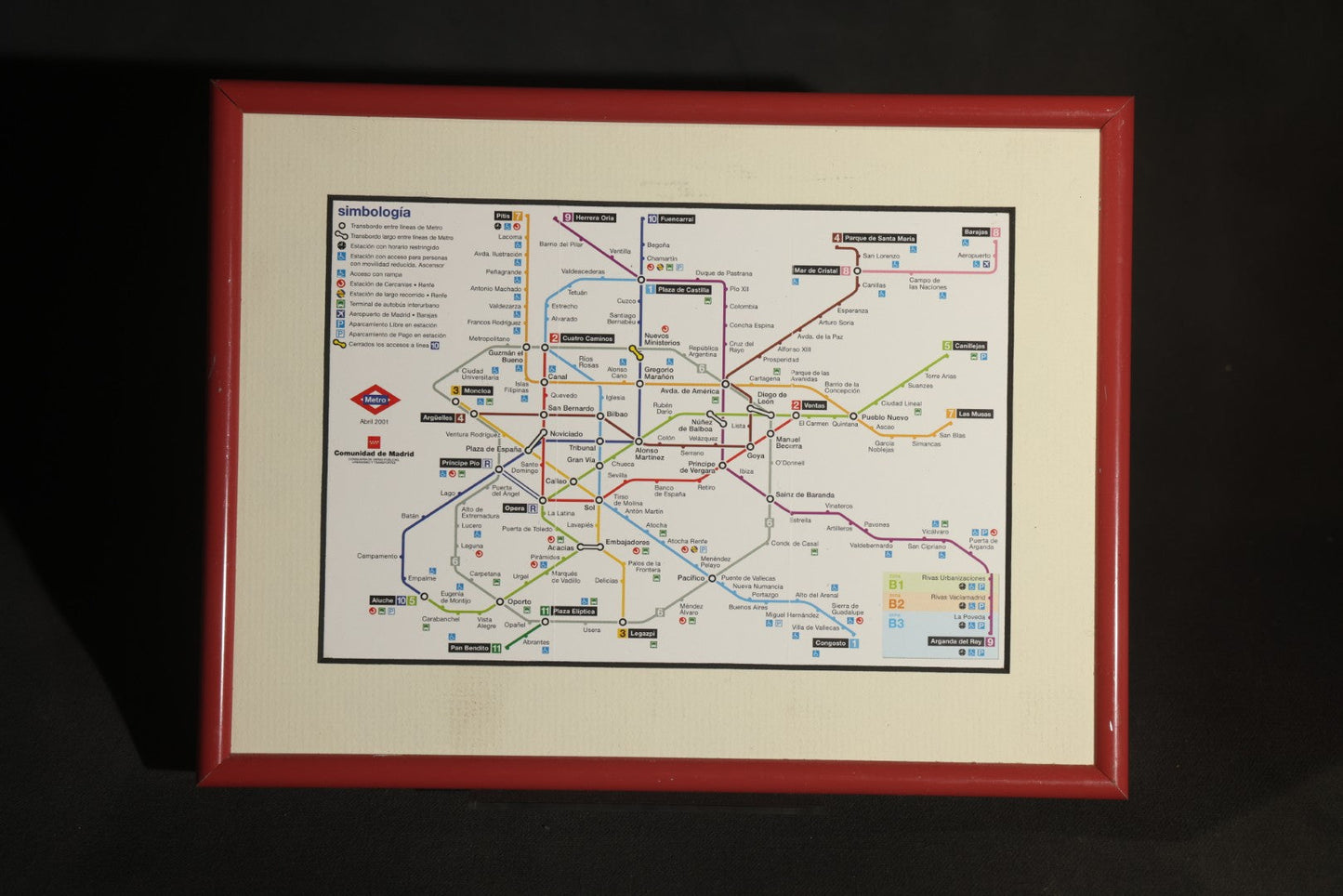 Trio of Modern Framed Transit Maps Including Madrid Metro April 2001 (No Glass), Boston Rapid Transit Subway and Trolley Stations, and Washington Metropolitan Area Transit Authority, in Red Metal Frames