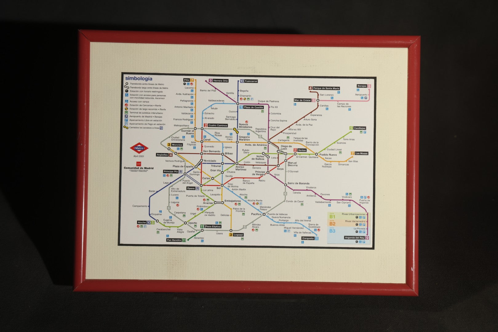 Trio of Modern Framed Transit Maps Including Madrid Metro April 2001 (No Glass), Boston Rapid Transit Subway and Trolley Stations, and Washington Metropolitan Area Transit Authority, in Red Metal Frames