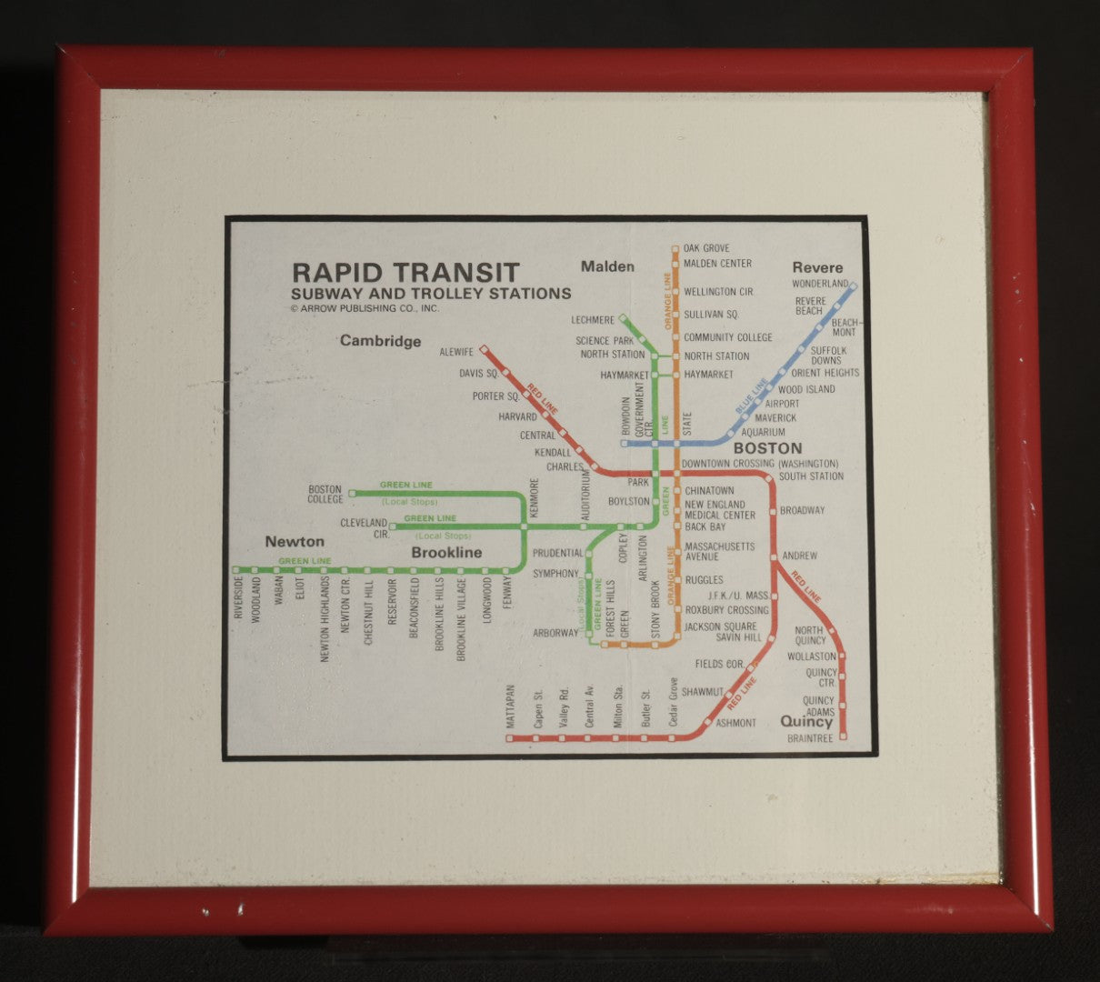 Trio of Modern Framed Transit Maps Including Madrid Metro April 2001 (No Glass), Boston Rapid Transit Subway and Trolley Stations, and Washington Metropolitan Area Transit Authority, in Red Metal Frames