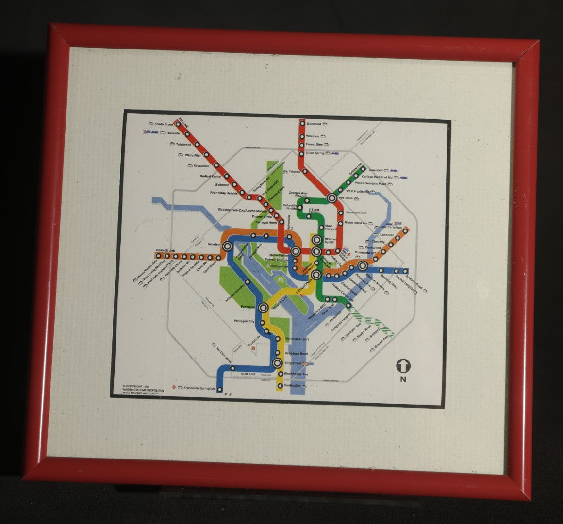 Trio of Modern Framed Transit Maps Including Madrid Metro April 2001 (No Glass), Boston Rapid Transit Subway and Trolley Stations, and Washington Metropolitan Area Transit Authority, in Red Metal Frames