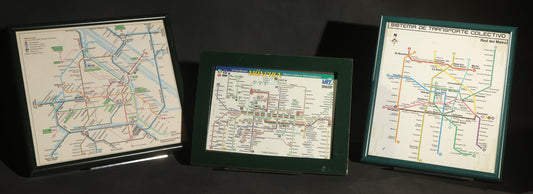Trio of Framed Transit Maps Including Mexico City Sistema De Transporte Colectivo Red Del Metro, Munich Schnellbahn MVV, and Vienna Public Transport Network, in Green Metal Frames