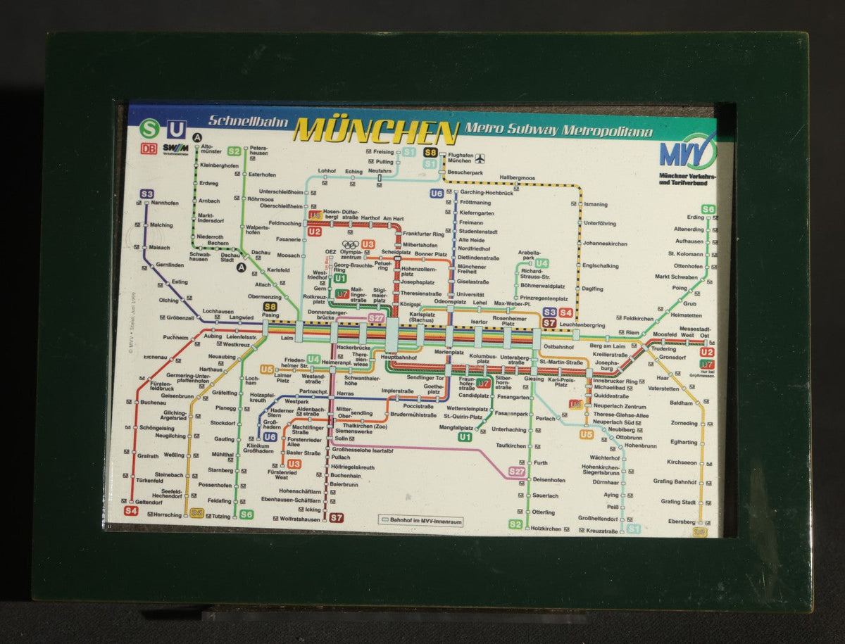 Trio of Framed Transit Maps Including Mexico City Sistema De Transporte Colectivo Red Del Metro, Munich Schnellbahn MVV, and Vienna Public Transport Network, in Green Metal Frames