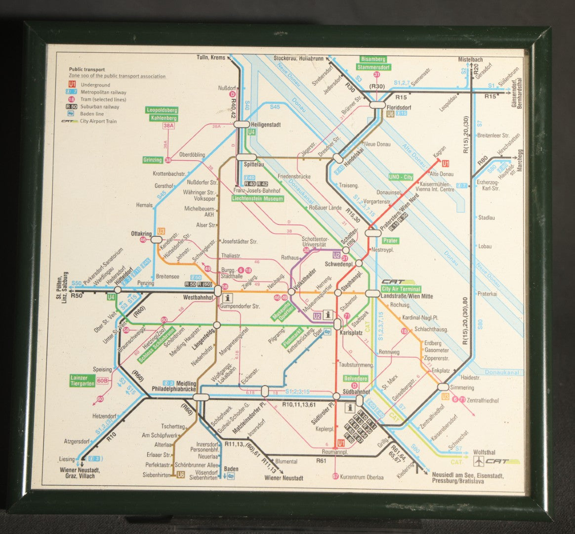 Trio of Framed Transit Maps Including Mexico City Sistema De Transporte Colectivo Red Del Metro, Munich Schnellbahn MVV, and Vienna Public Transport Network, in Green Metal Frames