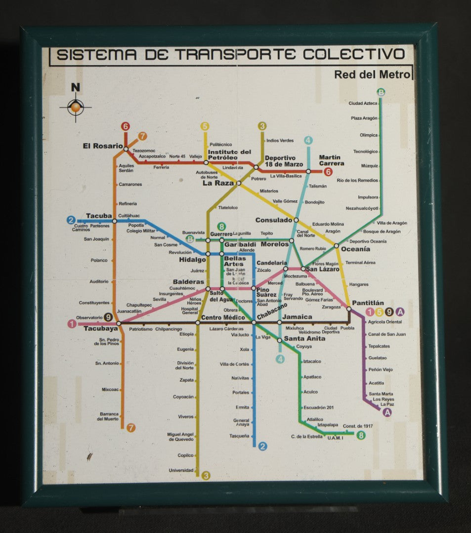 Trio of Framed Transit Maps Including Mexico City Sistema De Transporte Colectivo Red Del Metro, Munich Schnellbahn MVV, and Vienna Public Transport Network, in Green Metal Frames