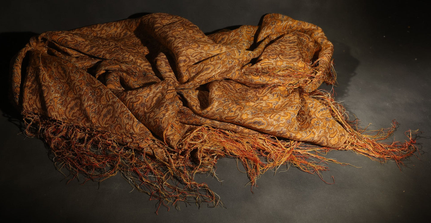Vintage Woven Paisley Shawl in Amber, Brown, and Red, Note Staining and Moth Holes
