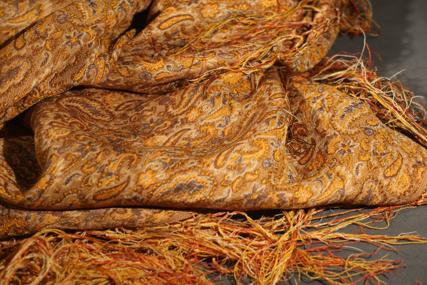 Vintage Woven Paisley Shawl in Amber, Brown, and Red, Note Staining and Moth Holes