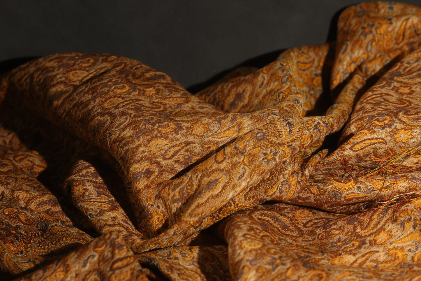 Vintage Woven Paisley Shawl in Amber, Brown, and Red, Note Staining and Moth Holes