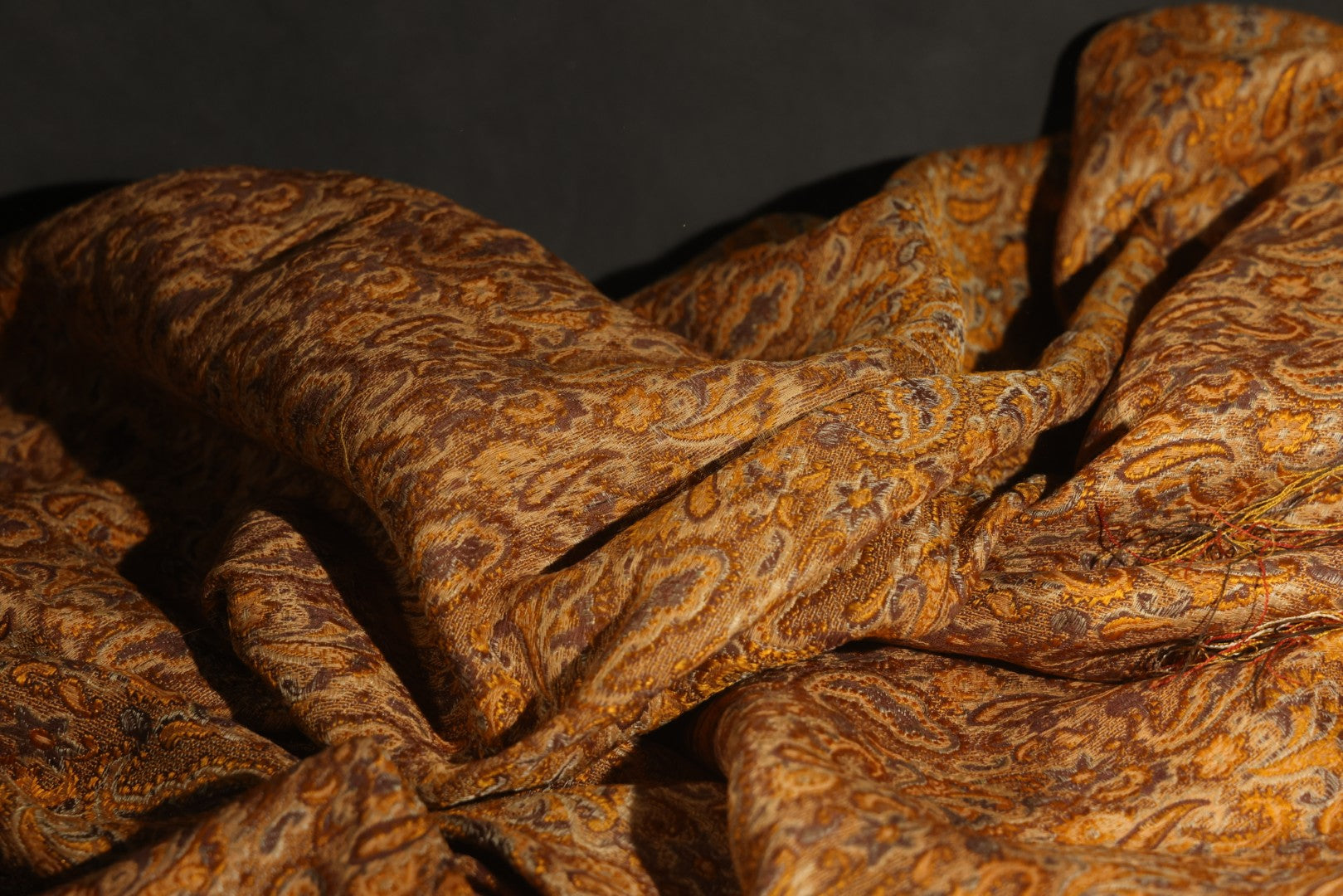 Vintage Woven Paisley Shawl in Amber, Brown, and Red, Note Staining and Moth Holes