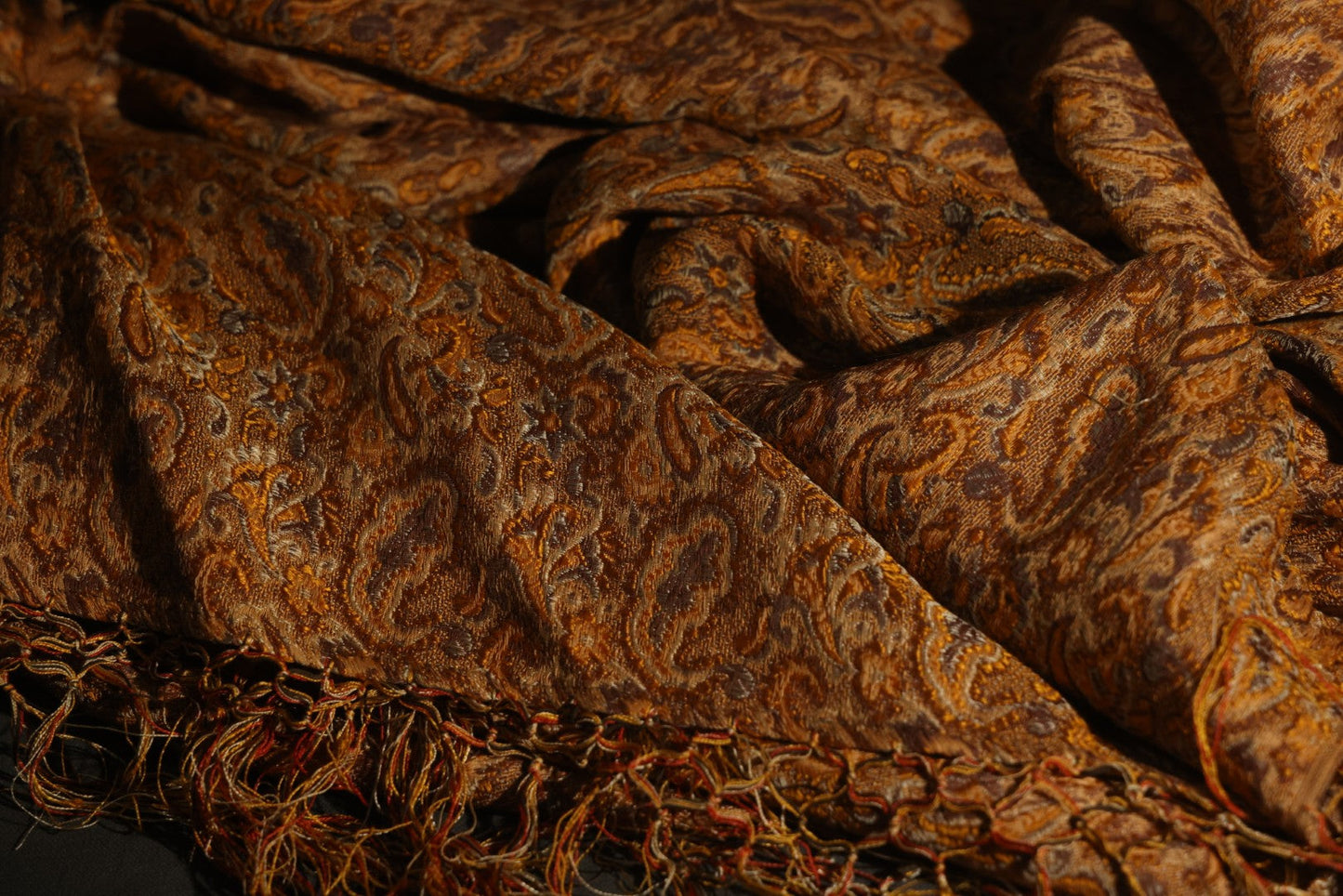 Vintage Woven Paisley Shawl in Amber, Brown, and Red, Note Staining and Moth Holes