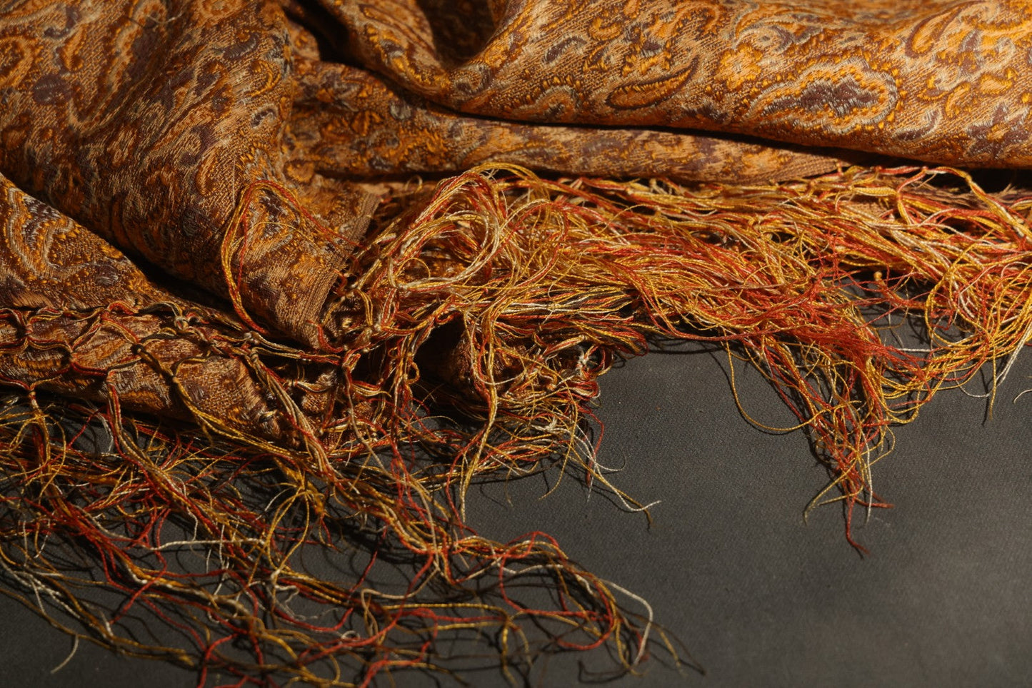 Vintage Woven Paisley Shawl in Amber, Brown, and Red, Note Staining and Moth Holes