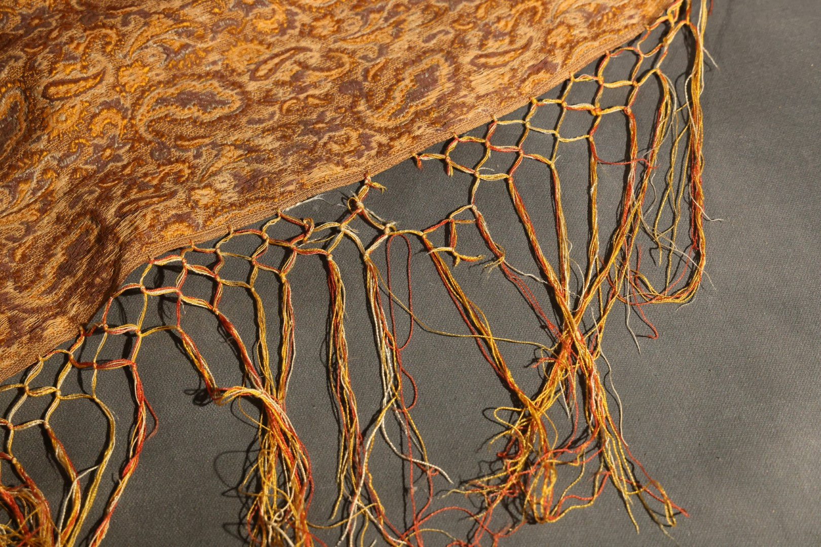Vintage Woven Paisley Shawl in Amber, Brown, and Red, Note Staining and Moth Holes