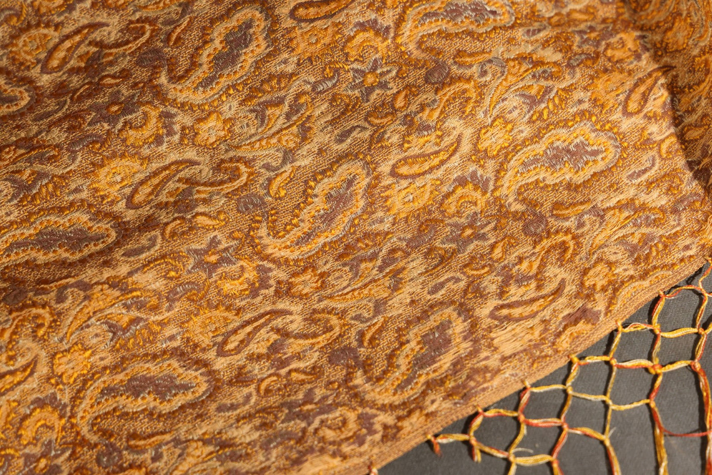 Vintage Woven Paisley Shawl in Amber, Brown, and Red, Note Staining and Moth Holes