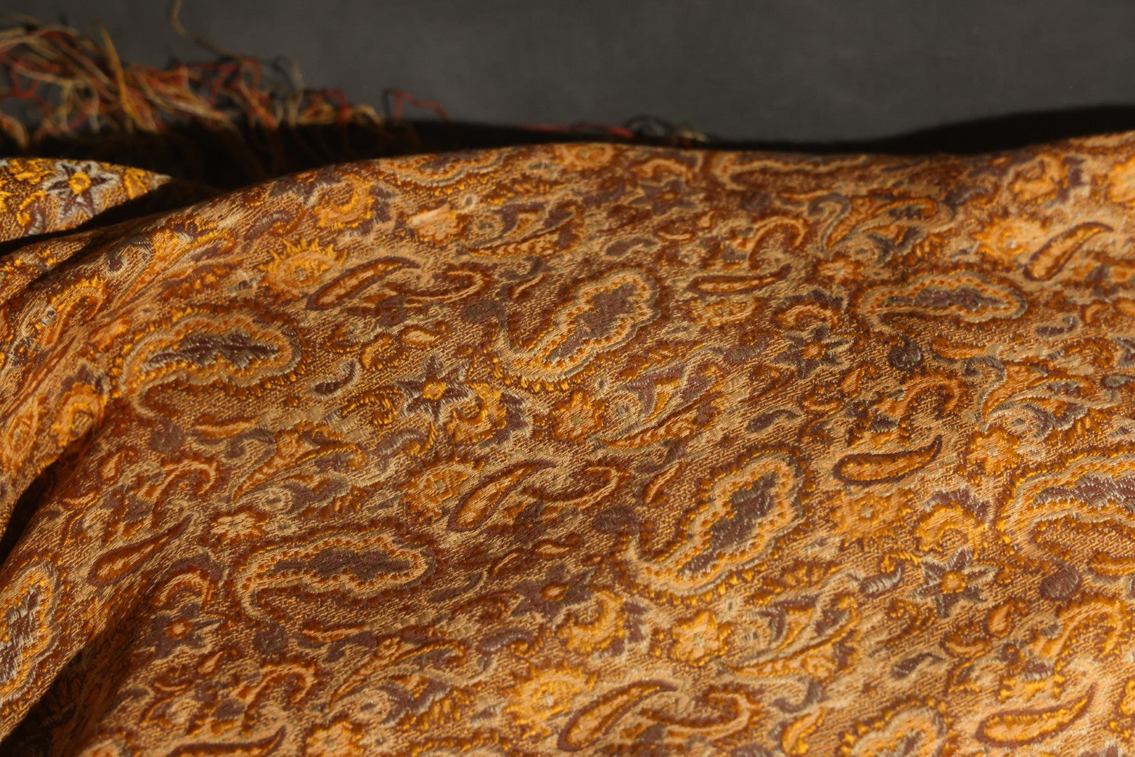 Vintage Woven Paisley Shawl in Amber, Brown, and Red, Note Staining and Moth Holes