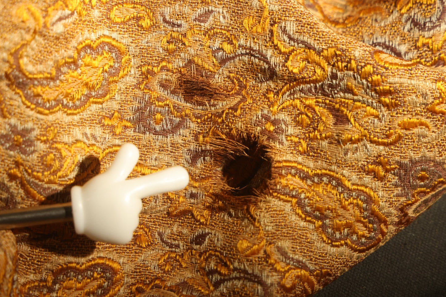 Vintage Woven Paisley Shawl in Amber, Brown, and Red, Note Staining and Moth Holes