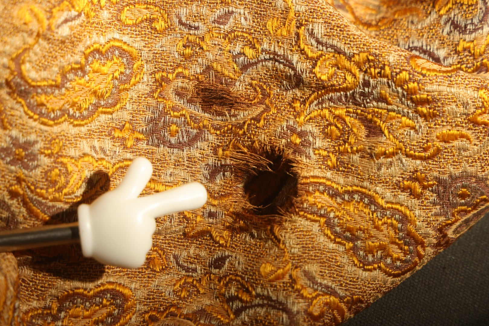 Vintage Woven Paisley Shawl in Amber, Brown, and Red, Note Staining and Moth Holes