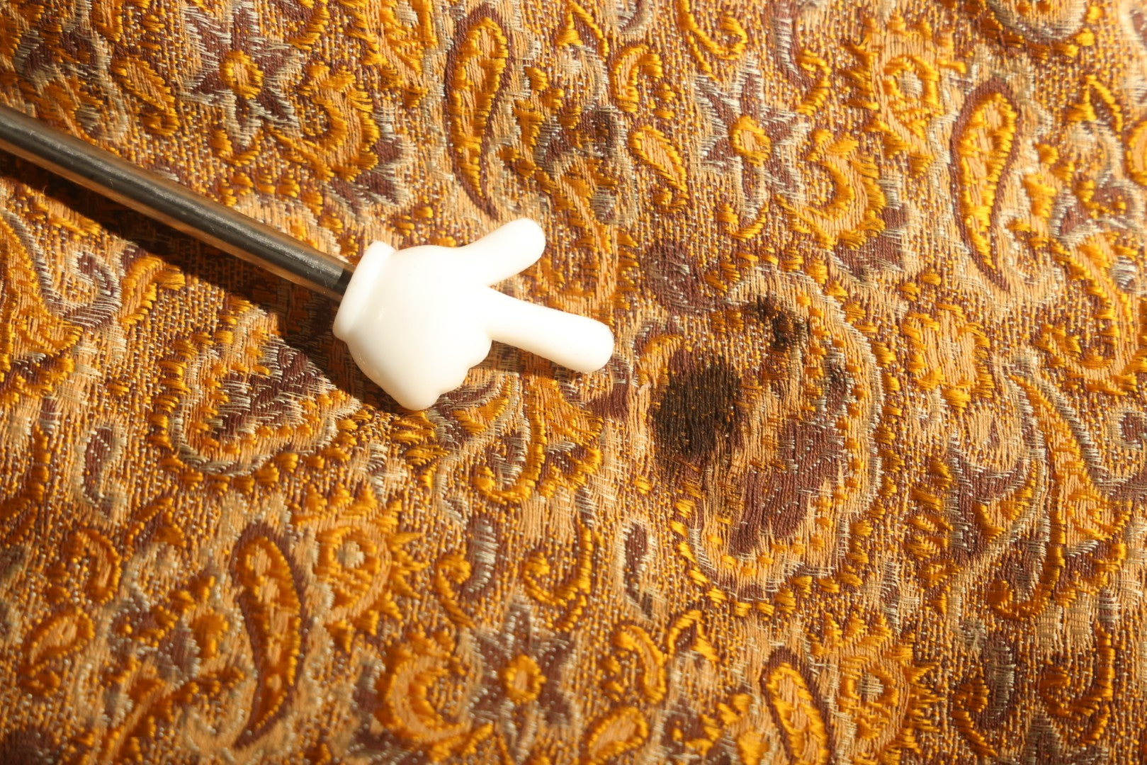 Vintage Woven Paisley Shawl in Amber, Brown, and Red, Note Staining and Moth Holes