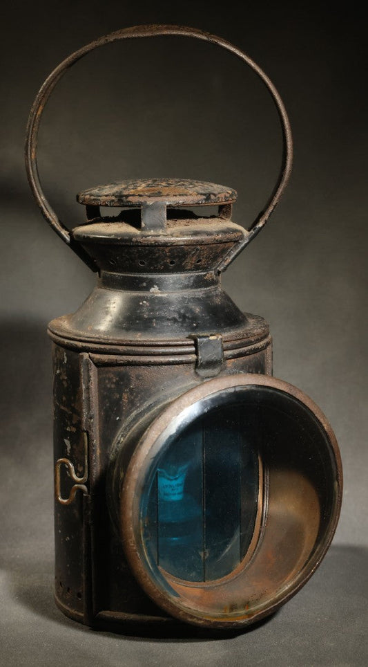 Vintage L.M.S. Railway Three-Aspect Signal Lamp, London Midland and Scottish Railway, Numbered 49305, with Blue, Red, and Clear Lenses