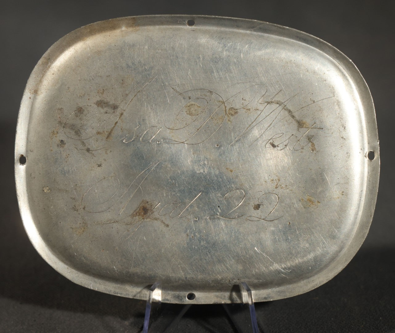 Antique Engraved Metal Casket Plaque, Inscribed "Asa D. West / Aged 22"