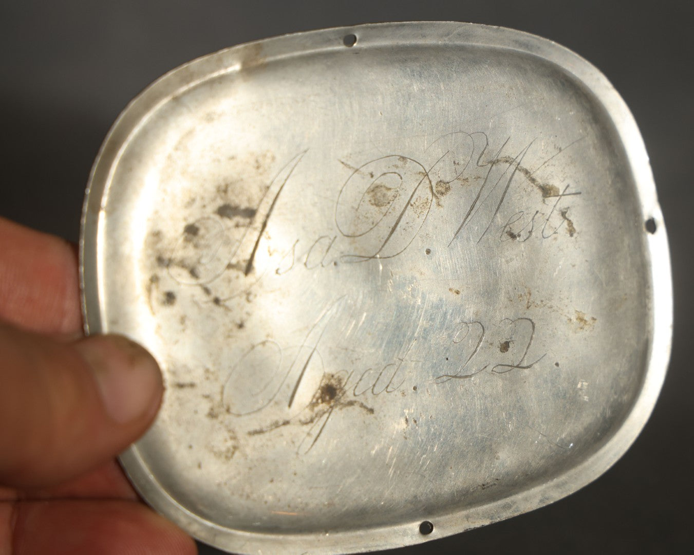Antique Engraved Metal Casket Plaque, Inscribed "Asa D. West / Aged 22"