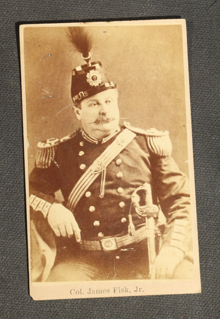 Grouping of Six Antique Military Portrait Photographs Including C.D.V. of Col. James Fisk Jr. in Uniform, Russian Imperial Soldiers by F. Waltz Ostroleka, and U.S. WWI Portrait by Holladay, Newport News Virginia