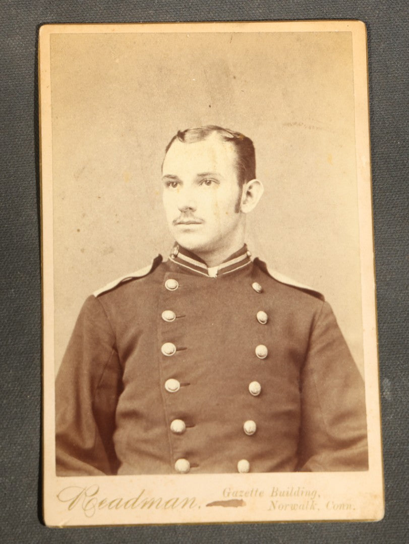 Grouping of Six Antique Military Portrait Photographs Including C.D.V. of Col. James Fisk Jr. in Uniform, Russian Imperial Soldiers by F. Waltz Ostroleka, and U.S. WWI Portrait by Holladay, Newport News Virginia
