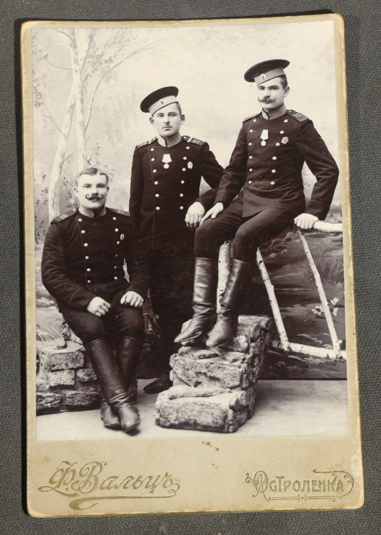 Grouping of Six Antique Military Portrait Photographs Including C.D.V. of Col. James Fisk Jr. in Uniform, Russian Imperial Soldiers by F. Waltz Ostroleka, and U.S. WWI Portrait by Holladay, Newport News Virginia