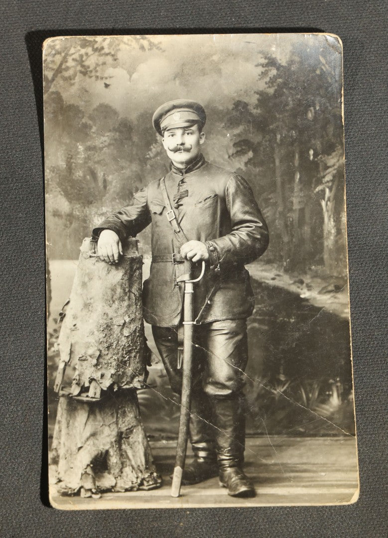 Grouping of Six Antique Military Portrait Photographs Including C.D.V. of Col. James Fisk Jr. in Uniform, Russian Imperial Soldiers by F. Waltz Ostroleka, and U.S. WWI Portrait by Holladay, Newport News Virginia