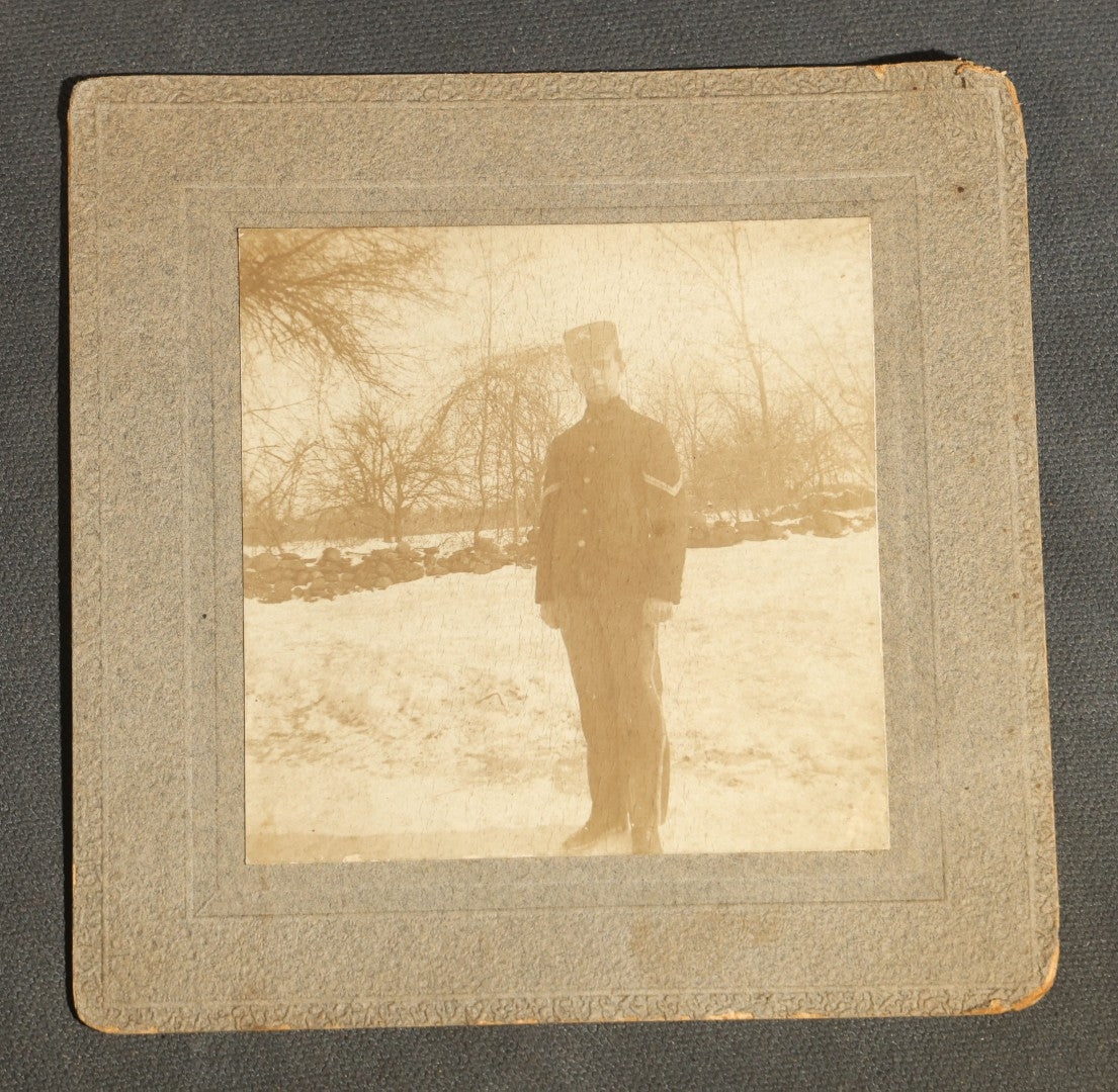 Grouping of Six Antique Military Portrait Photographs Including C.D.V. of Col. James Fisk Jr. in Uniform, Russian Imperial Soldiers by F. Waltz Ostroleka, and U.S. WWI Portrait by Holladay, Newport News Virginia