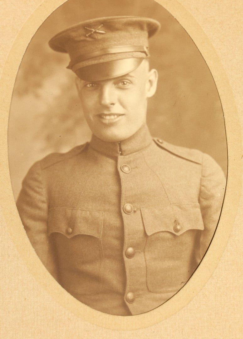 Grouping of Six Antique Military Portrait Photographs Including C.D.V. of Col. James Fisk Jr. in Uniform, Russian Imperial Soldiers by F. Waltz Ostroleka, and U.S. WWI Portrait by Holladay, Newport News Virginia