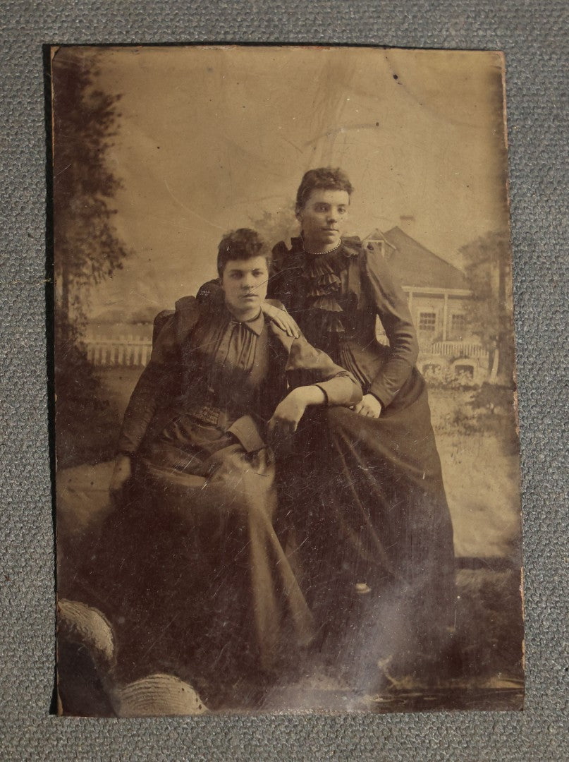 Grouping of Six Antique Tintype Photographs, Portrait of Women, Pairs, and a Young Man, Including One Gem Tintype in Paper Frame