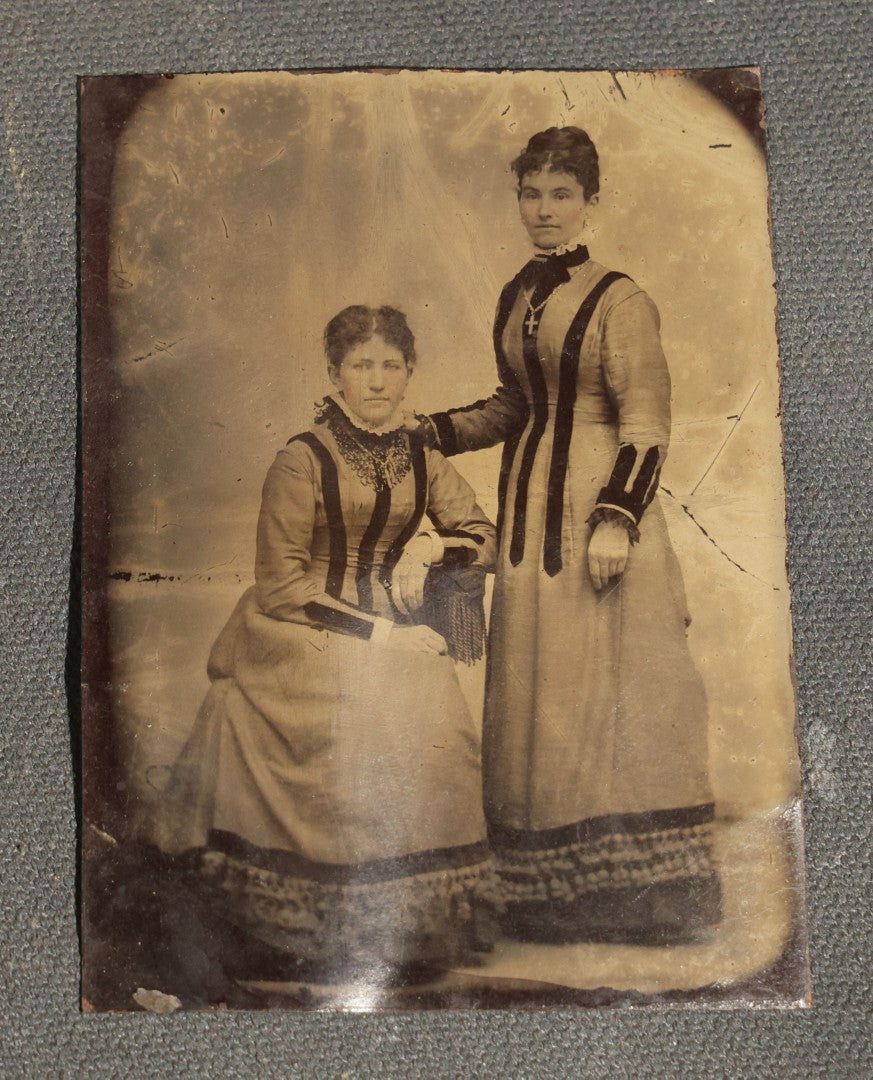 Grouping of Six Antique Tintype Photographs, Portrait of Women, Pairs, and a Young Man, Including One Gem Tintype in Paper Frame