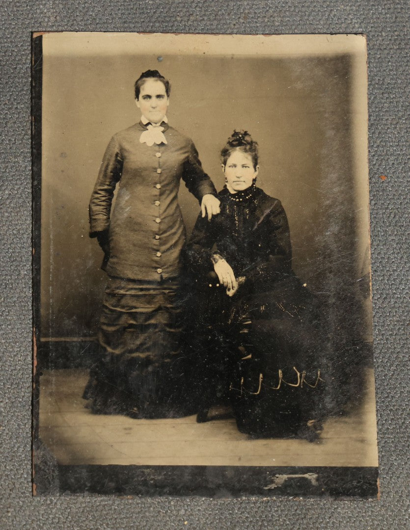 Grouping of Six Antique Tintype Photographs, Portrait of Women, Pairs, and a Young Man, Including One Gem Tintype in Paper Frame