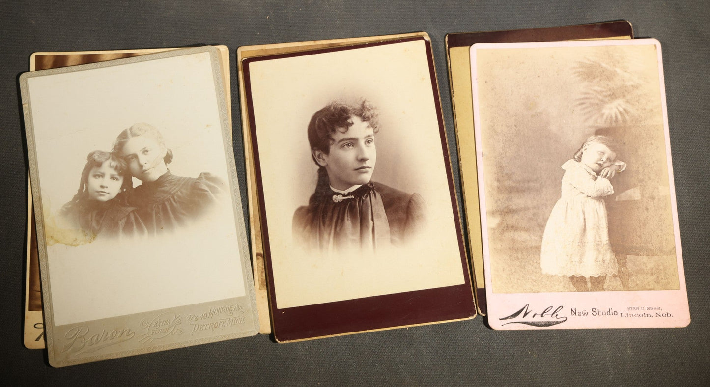 Grouping of 29 Antique Cabinet Card Photographs, Portrait Studies of Men, Women, and Children, Including Examples by Randall and Smith of Detroit, and Other Michigan Studios