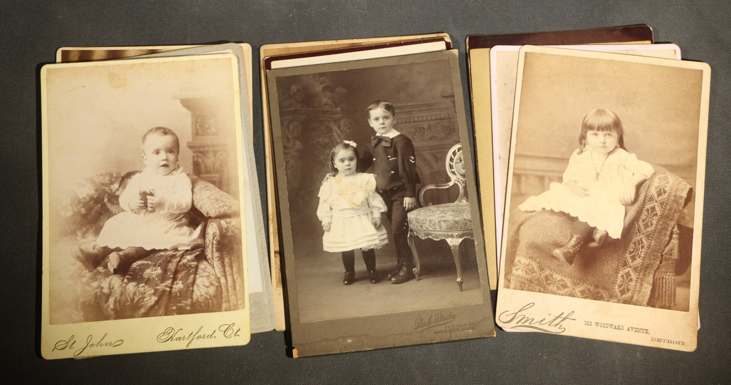 Grouping of 29 Antique Cabinet Card Photographs, Portrait Studies of Men, Women, and Children, Including Examples by Randall and Smith of Detroit, and Other Michigan Studios