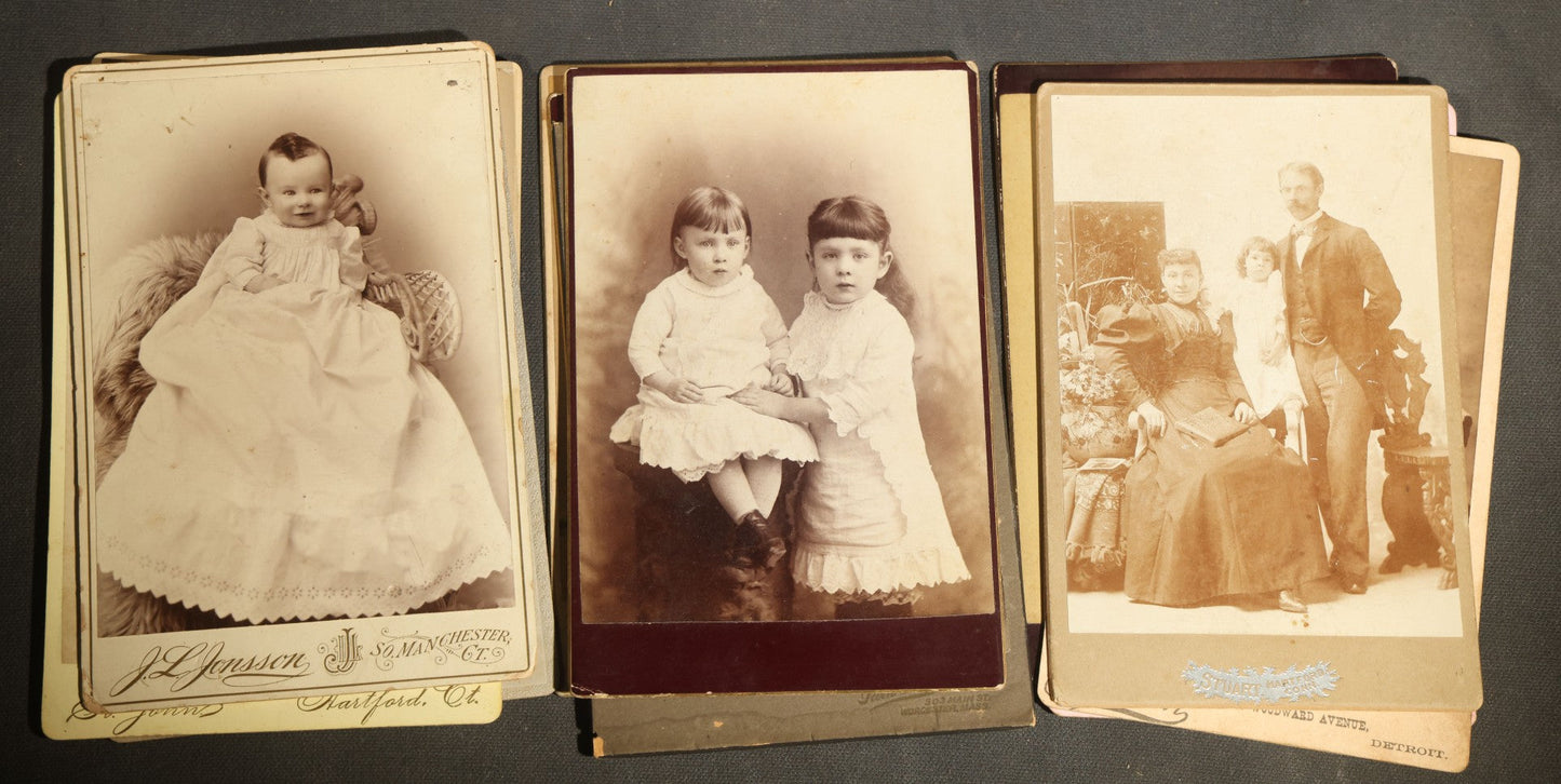 Grouping of 29 Antique Cabinet Card Photographs, Portrait Studies of Men, Women, and Children, Including Examples by Randall and Smith of Detroit, and Other Michigan Studios