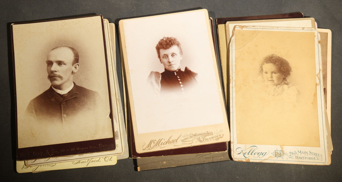 Grouping of 29 Antique Cabinet Card Photographs, Portrait Studies of Men, Women, and Children, Including Examples by Randall and Smith of Detroit, and Other Michigan Studios