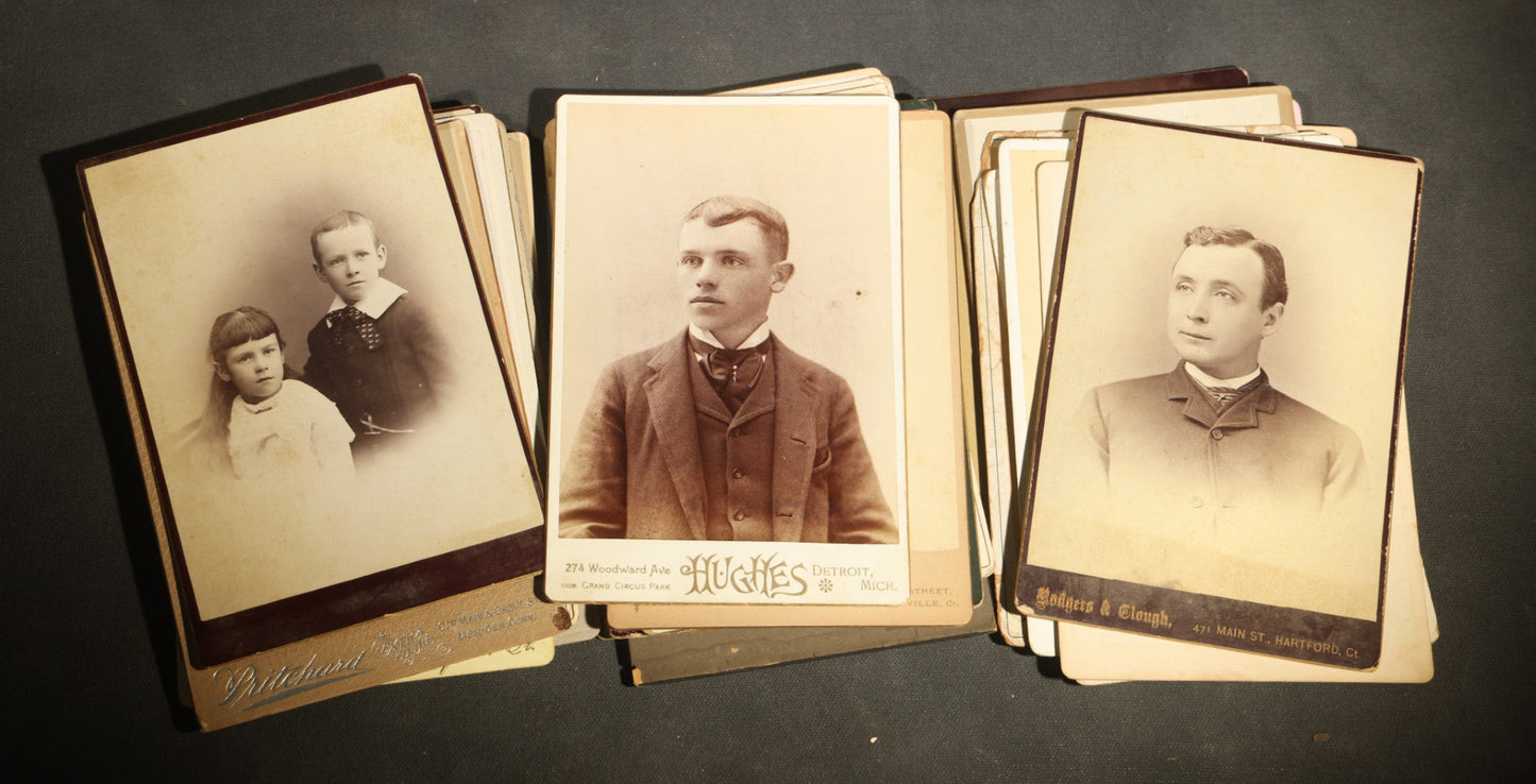 Grouping of 29 Antique Cabinet Card Photographs, Portrait Studies of Men, Women, and Children, Including Examples by Randall and Smith of Detroit, and Other Michigan Studios