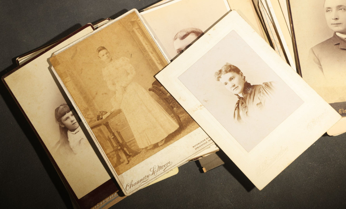 Grouping of 29 Antique Cabinet Card Photographs, Portrait Studies of Men, Women, and Children, Including Examples by Randall and Smith of Detroit, and Other Michigan Studios