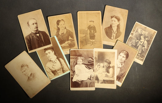 Grouping of 10 Antique Carte De Visite C.D.V. Photographs, Portrait Studies of Men, Women, and Children, Including Two Illustrated Filler Cards